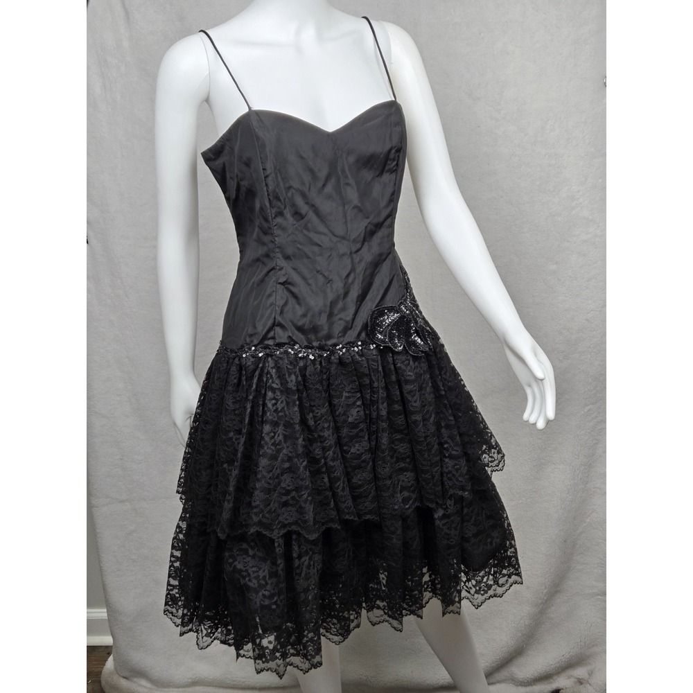 Vintage Loralie Original black lace tiered‎  dress sequin bow whimsigoth 12